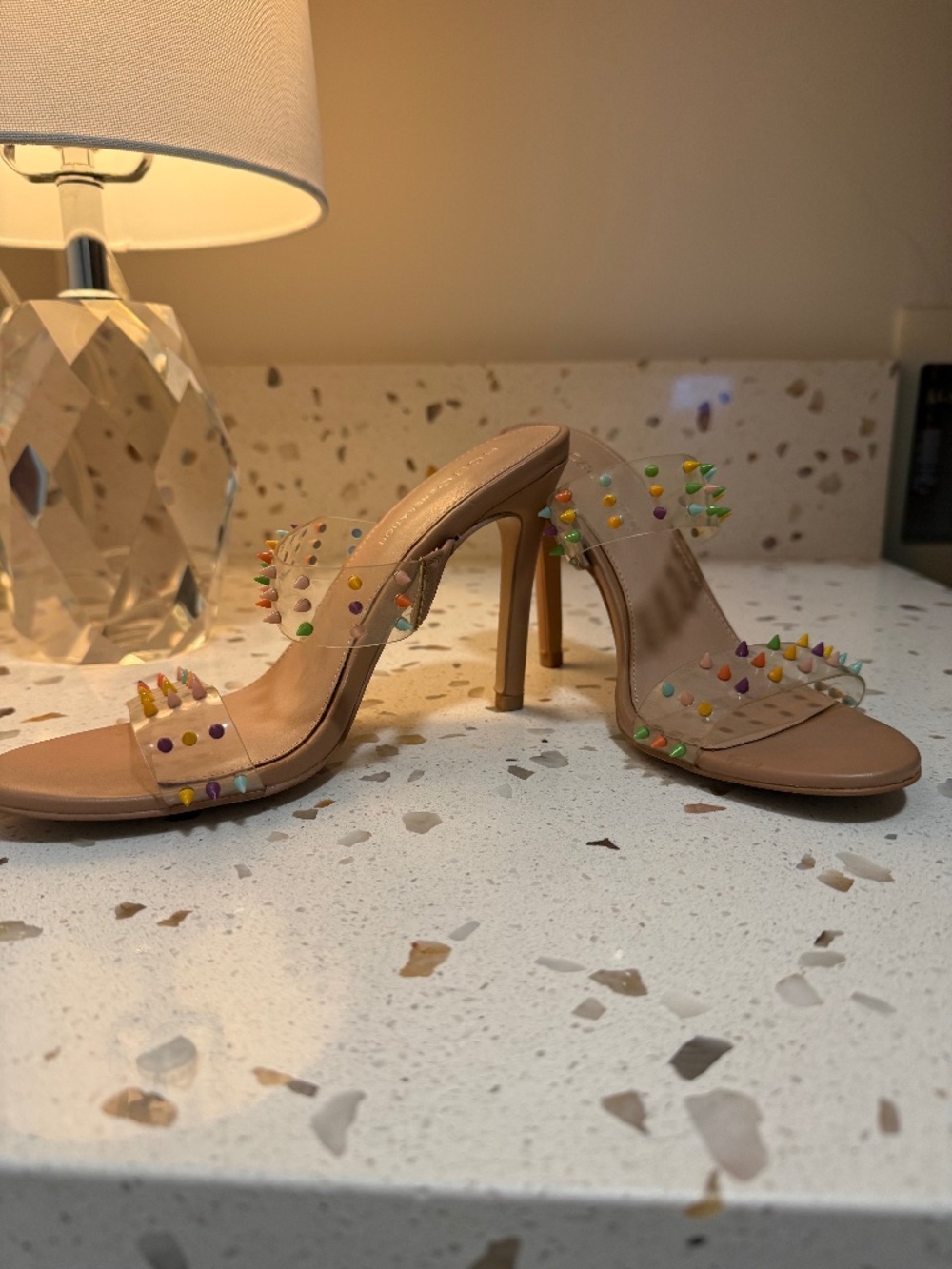 BCBG acrylic sandals with multi studs